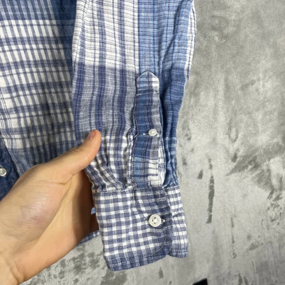 J. Crew Button Down Shirt Mens M Blue Plaid Slim Fit 100% Linen Long Sleeve